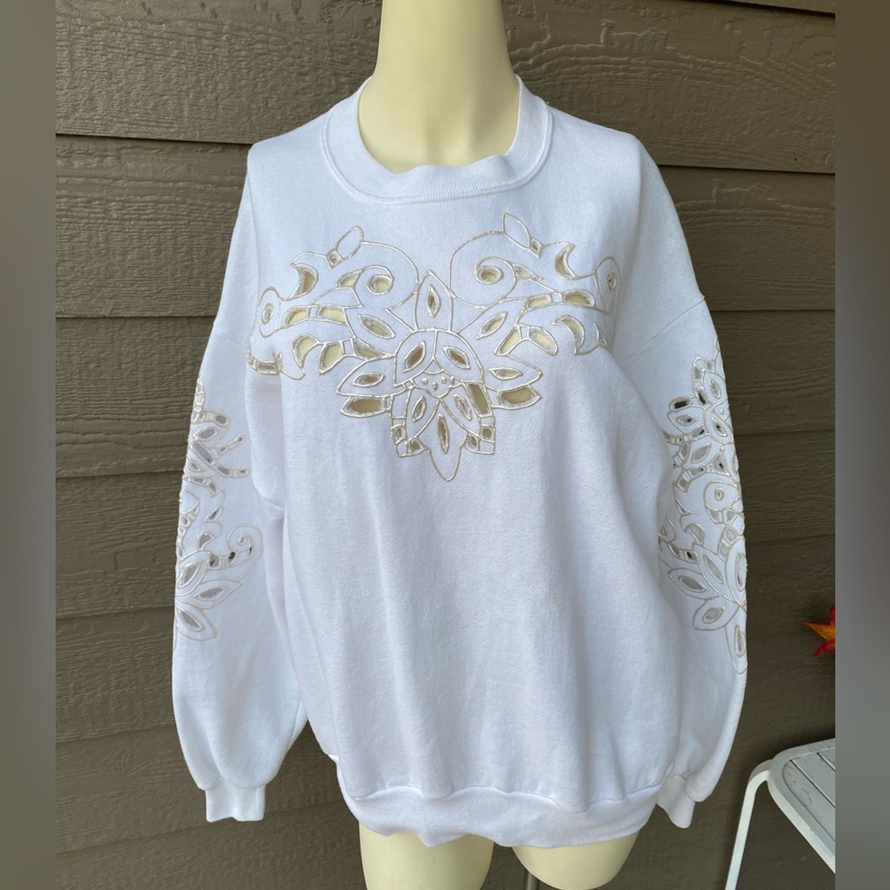 Vintage Jerzees Sweatshirt Beautiful cut out Designs on the chest and sleeves  L
